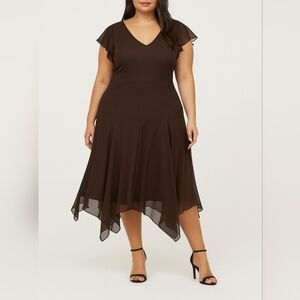EN FOCUS Chocolate Brown Chiffon Y2k Midi Dress, Handkerchief Hem, Lined, 14
